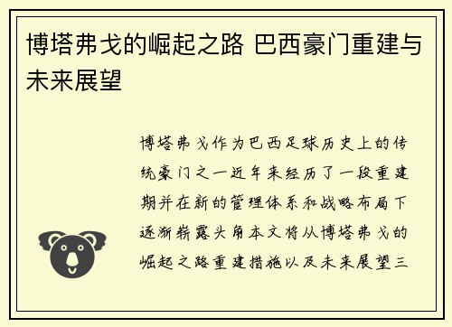 博塔弗戈的崛起之路 巴西豪门重建与未来展望